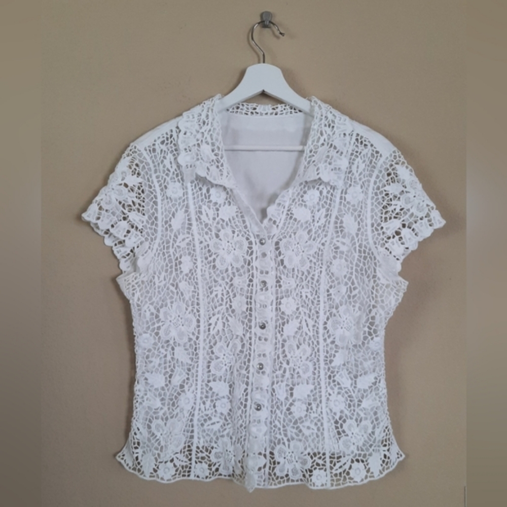 Lafei-nier Cotton Crochet Button Snap Shirt